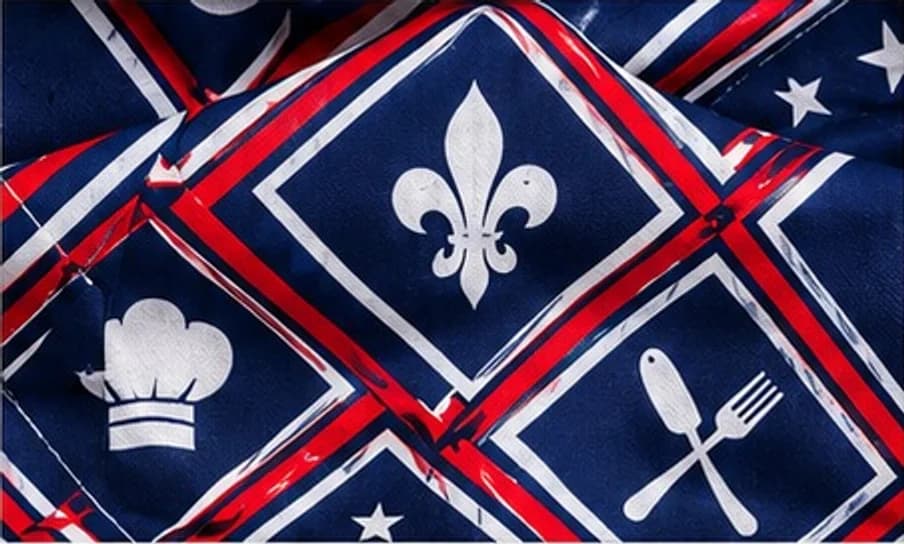 Tissu Avenida : losanges bleus, fleurs de lys, toques et couverts